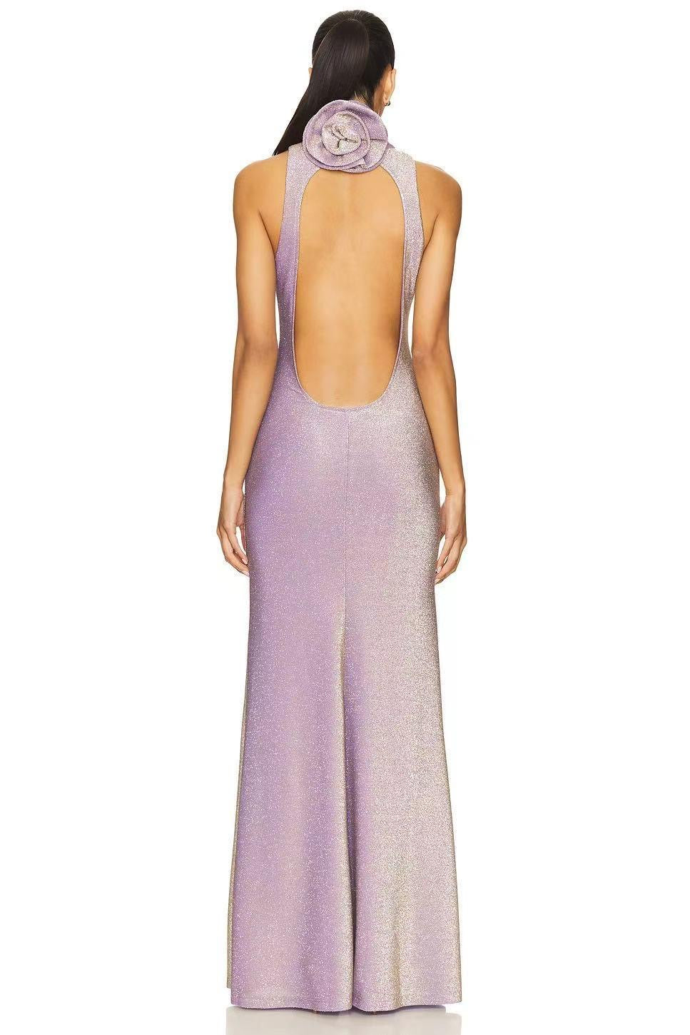 Lilac Shimmer Halter Rosette Open-Back Gown
