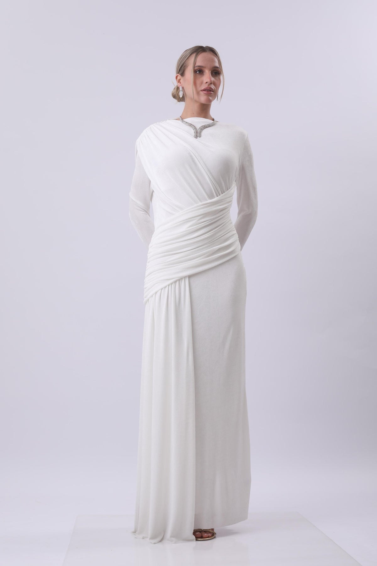 Ivory Draped One-Shoulder Gown with Embellished Neckline