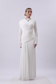 Ivory Draped One-Shoulder Gown with Embellished Neckline