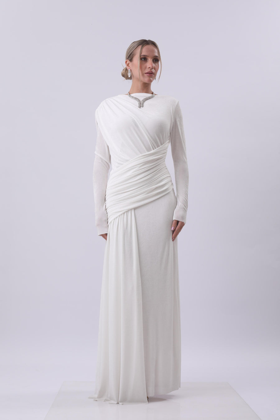 Ivory Draped One-Shoulder Gown with Embellished Neckline